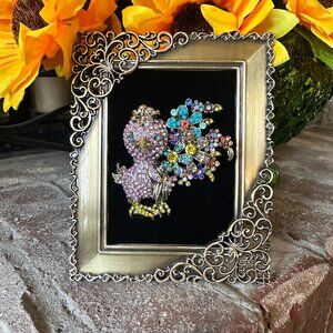 Framed Jewelry Baby Chick Flower Bouquet Brooch n Antique Bronze Metal Frame